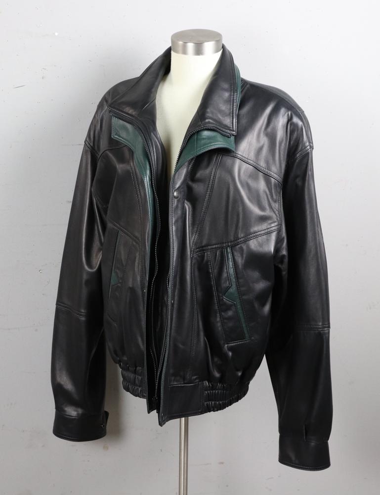 Green and Black Leather Bomber Jacket (1 of 4)
