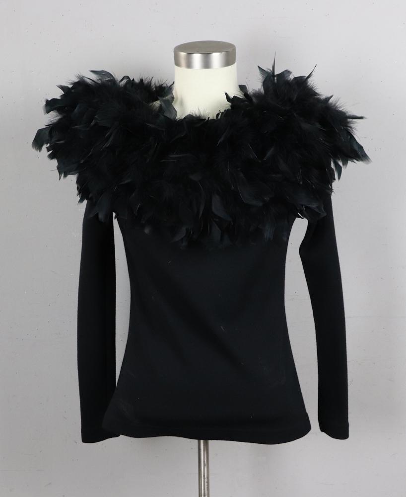 Ladies Black Evening Sweater Top: Ladies' black evening sweater top with ostrich feathers, "K Design Group", Size M.