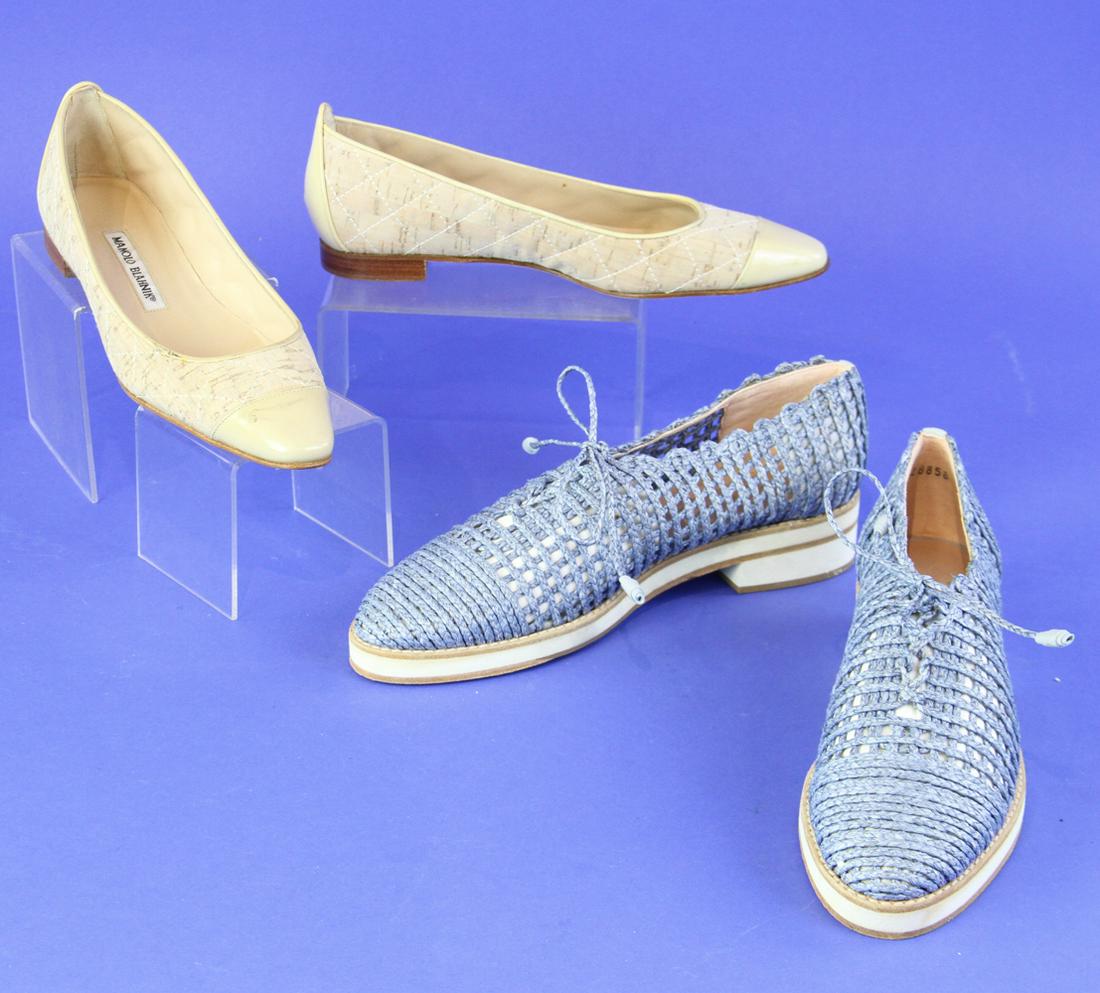 Manolo Blahnik Flats, Stuart Weitzman Sneakers: Manolo Blahnik size 7 flats, and Stuart Weitzman woven sneakers size 7 1/2.