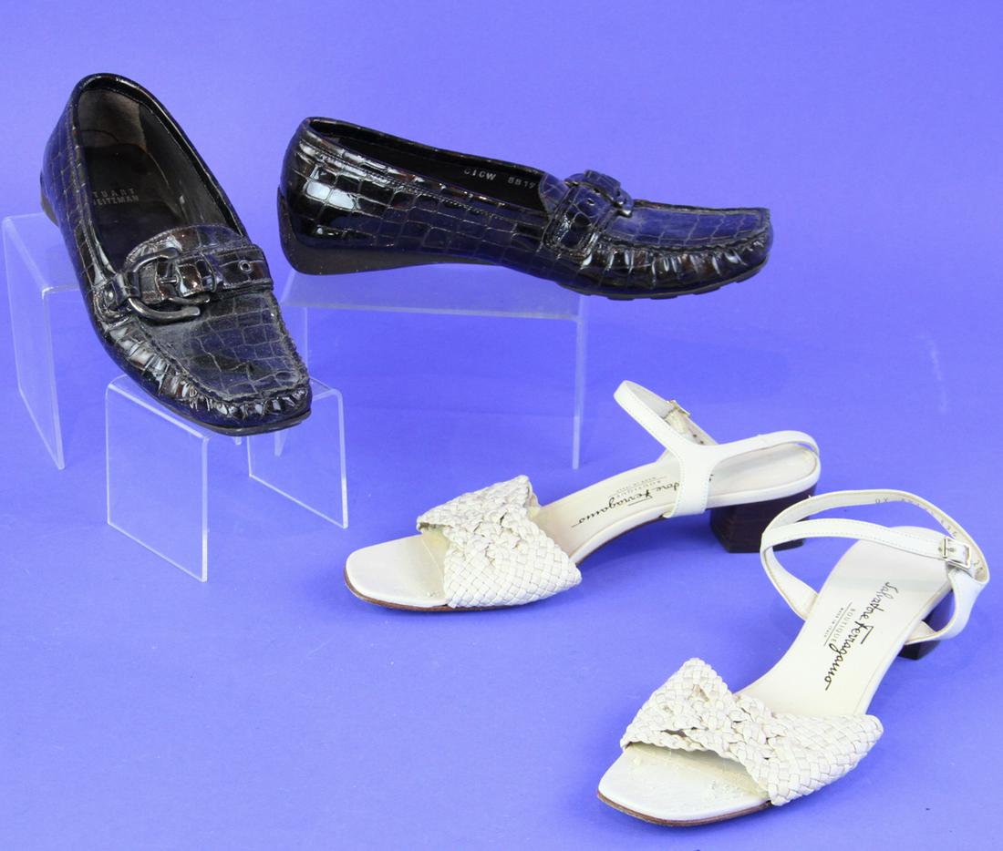 Stuart Weitzman Loafers, Ferragamo Sandals: Stuart Weitzman brown loafers and a pair of Ferragamo woven sandals, size 8.