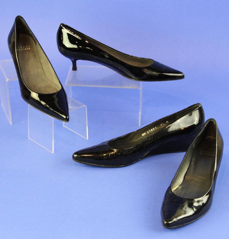 Stuart Weitzman Black Patent Leather Heels: Two pairs of Stuart Weitzman black patent leather kitten heels , 7 1/2 narrows.