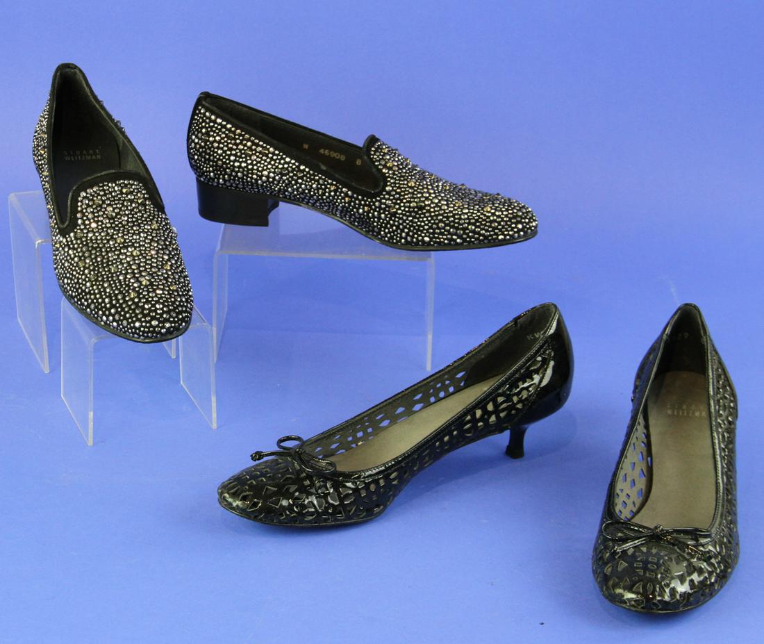Stuart Weitzman Loafers and Pumps: Two pairs of Stuart Weitzman black metallic loafers and kitten heel pumps, size 8.