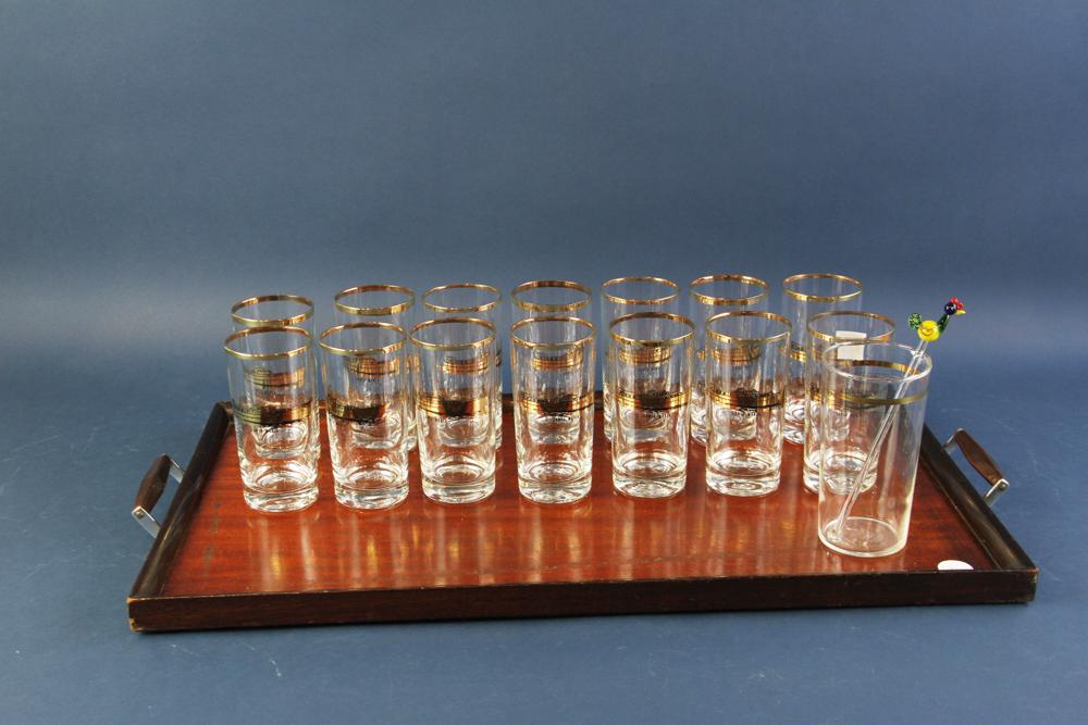 Santa Maria Bar Glasses: Santa Maria bar glasses set of 12 on mahogany tray.