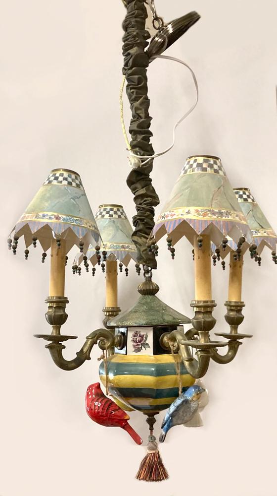 Mackenzie-Childs Chandelier: Mackenzie-Childs chandelier, 34"H x 15". Provenance: Estate of Jonathan Seiberg of Lynn, Massachusetts.
