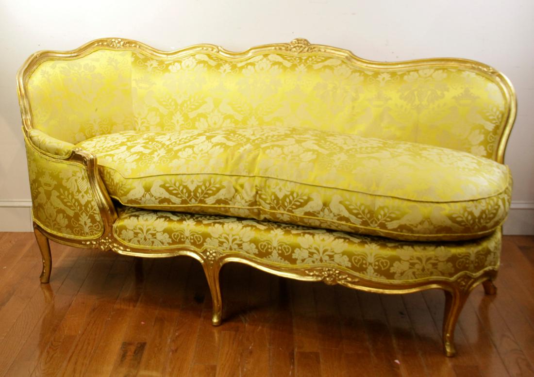 Louis XVI Style Recamier with Damask Upholstery: Louis XVI-style recamier having damask upholstery, 37" H x 75" L x 33" D. Provenance: Milton, Massachusetts.