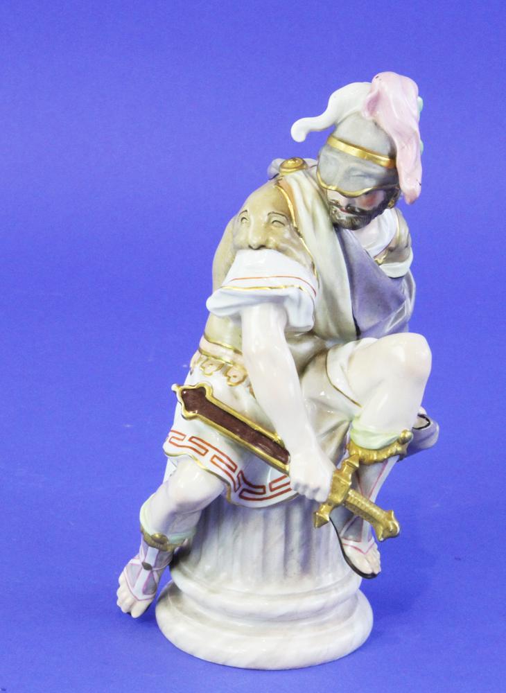 19th/20thC Samson Porcelain Figure, Meissen Style: 19th/20th century Samson porcelain figure in the style of Meissen, sword mark and "S" impressed mark on base, 10 1/2" H. Good condition. Provenance: Palm Beach, Florida estate.