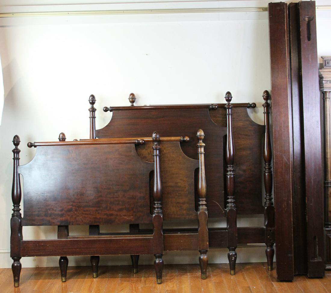 Irving and Casson Walnut Twin Beds: Irving and Casson pair of walnut twin size beds with finials, 52" x 42" x 80". Provenance: Private Massachusetts Estate.