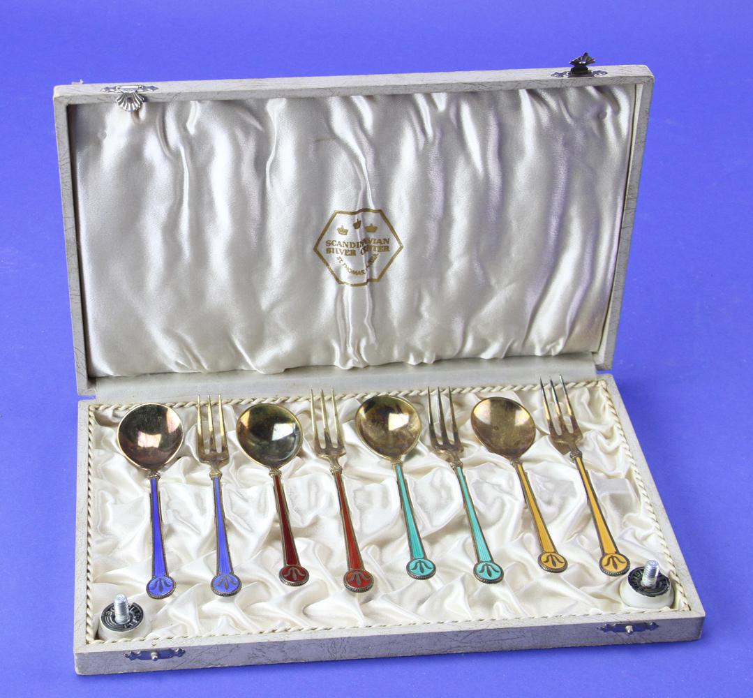 Scandinavian Enameled Dessert Forks Spoons: Scandinavian enameled dessert forks and spoons, marked David Anderson. Provenance: Palm Beach, Florida.