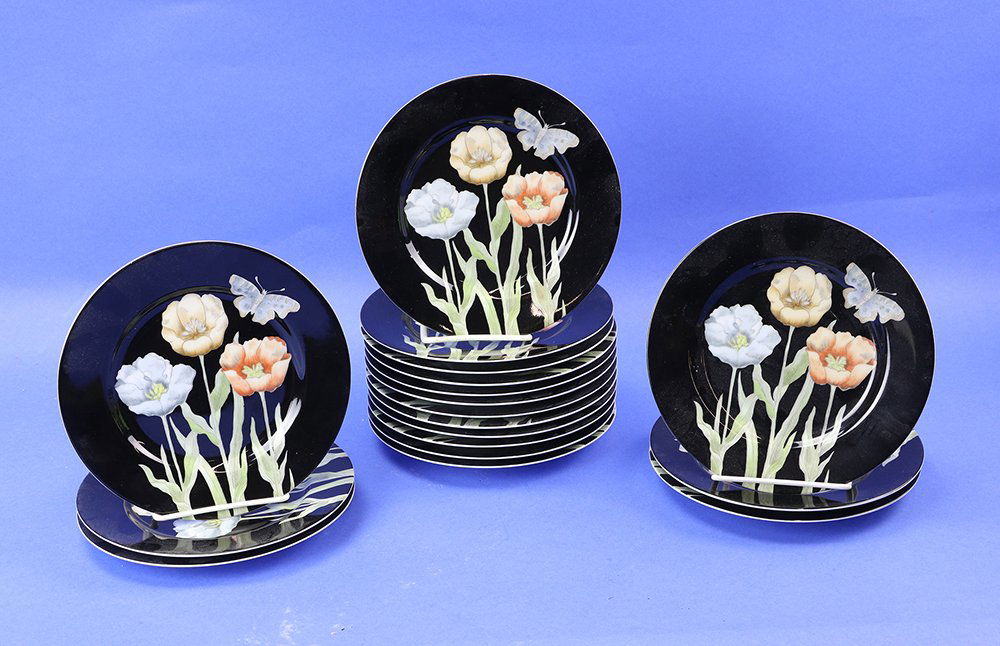 Midnight Poppy Dessert Plates: Fitz and Floyd Midnight Poppy, dessert plates, 7 1/2", lot of (18). Provenance: Palm Beach, Florida.