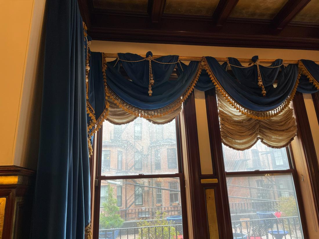 Custom Upholstered Draperies: Custom upholstered draperies. Provenance: Peabody, Massachusetts.