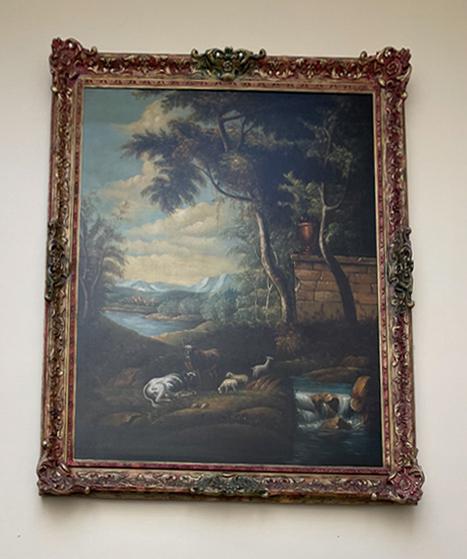 Continental View of Animals and Lake, Oil on Canvas: Continental view of animals in front of lake, oil on canvas, framed. Provenance: Kingsley Montessori School, Boston, Massachusetts.