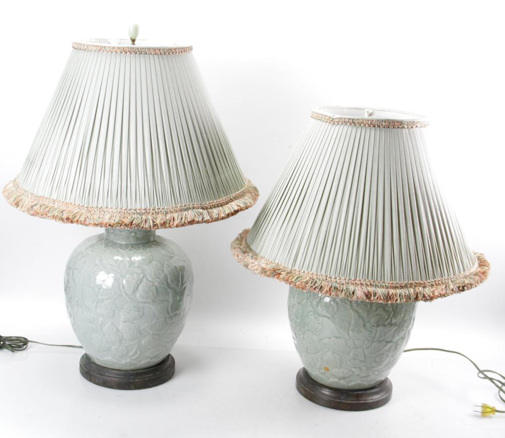 Pair of Chinese Celadon Lamps with Shades (1 of 4)
