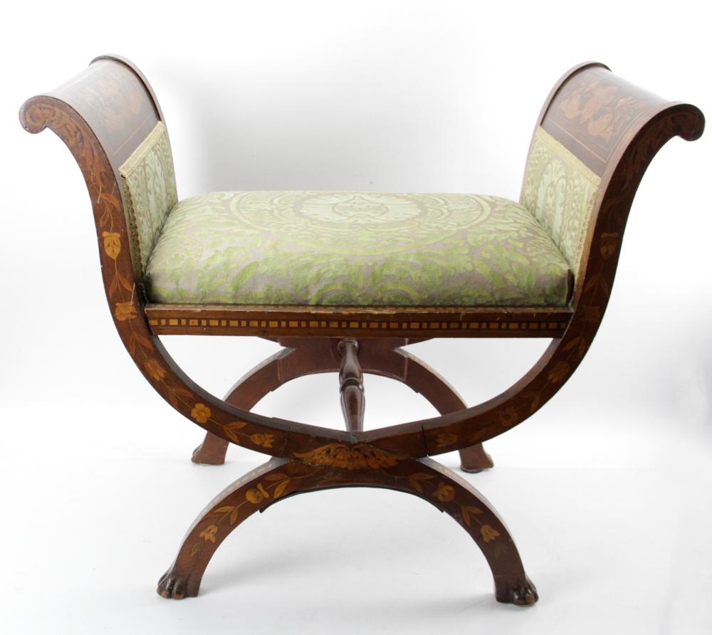 Antique Dutch Marquetry Bench, Fortuny Upholstery (1 of 4)