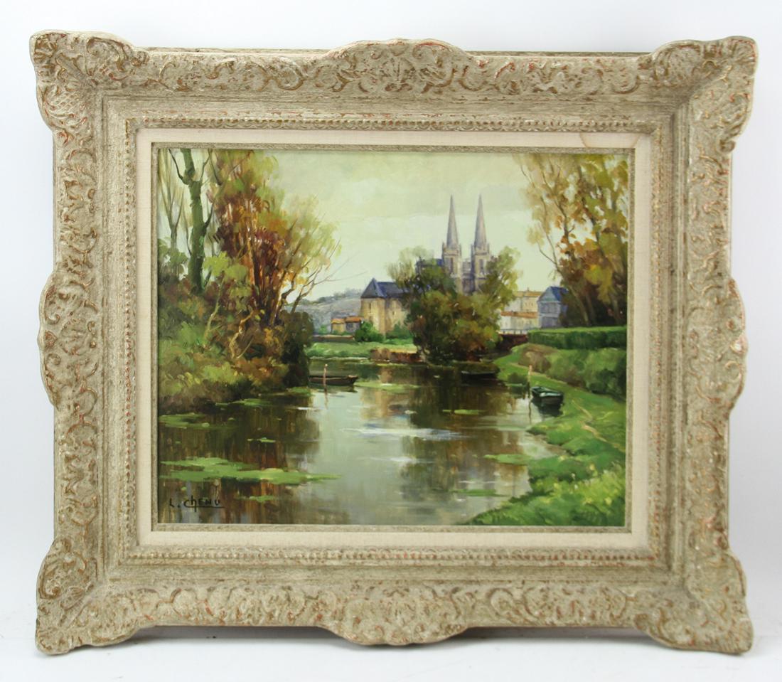 L. Cheru, French River View with Church, Oil on Canvas (1 of 7)