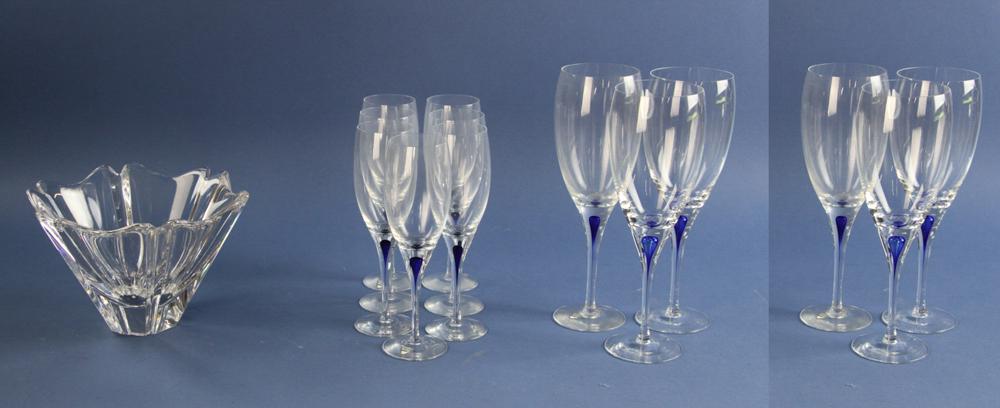 Orrefors Sweden Glassware: Orrefors Sweden glassware, including: bowl 5" x 8", (7) wine glasses 7 3/4", (6) goblets 9 3/4". Provenance: Bristol, New Hampshire estate.