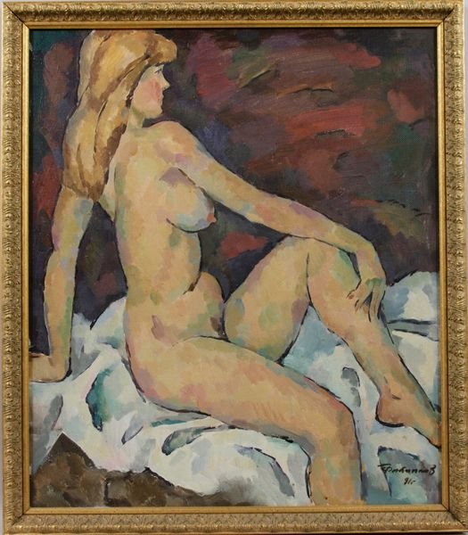 Oleg Filippov, seated nude, O/C, 1992: Oleg Filippov (Russian, b. Moscow, 1938, graduate of the Moscow Academy 'Saroganowka'), seated nude, o/c, 1992, 27 3/4" x 24", 30" x 26" framed, signed and dated.