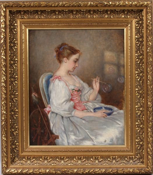 Portrait of young woman blowing bubbles, O/C, 19t: Portrait of young woman blowing bubbles, o/c, 19th Century, 18" x 15", 25" x 21 3/4" framed, signed 'Charles Chaplain' verso on stretcher. Good condition.