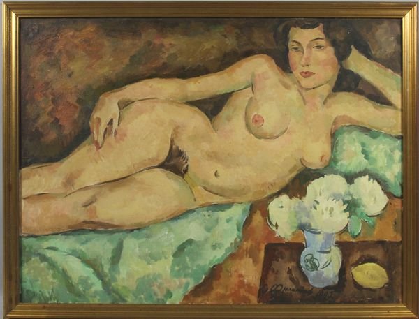 Oleg Filippov, reclining nude w/flowers, O/C: Oleg Filippov (Russian, b. Moscow, 1938, graduate of the Moscow Academy 'Saroganowka'), reclining nude with flowers, o/c, 23 3/4" x 31 1/2", signed.