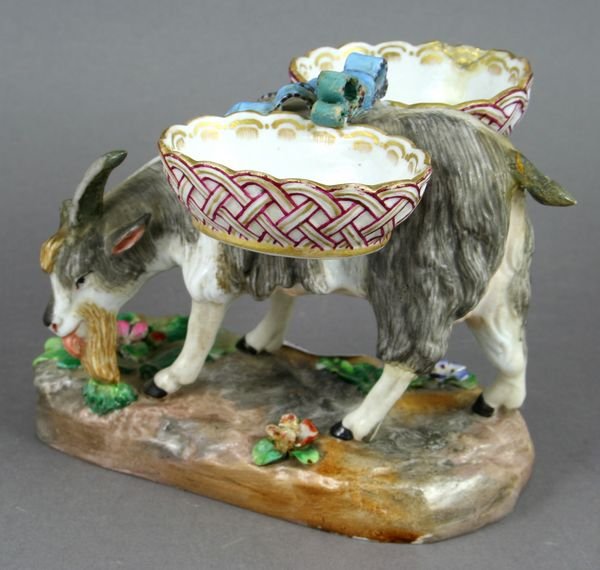 19th C. Meissen Goat, Possibly Marcolini: 19th Century Meissen porcelain goat, 4 1/2"h. x 5 1/2"l. x 5"w., possibly Adrian Marcolini period. Some breaks; missing horn.