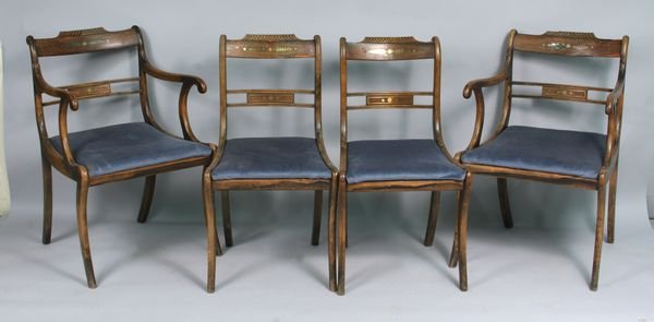 Four 19th C. Irish sabour leg chairs: Four (4) 19th Century Irish sabour leg chairs with brass inlay feather design, 33" h. x 20 3/4" w., good condition. Provenance: Robert O. Peterson Estate, San Diego, CA.