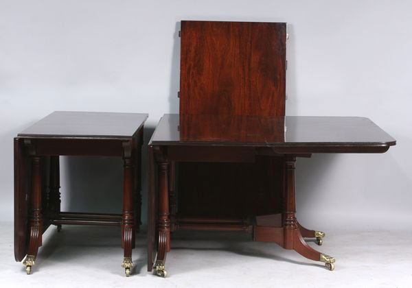 19th C. Duncan Phyfe type mahogany dining table: Early 19th Century Duncan Phyfe type solid mahogany extension dining table having brass paw castor feet and two (2) leafs, 27 3/4" h. x 46" w. (closed) x 96" w. (open) x 50" d. Good condition.