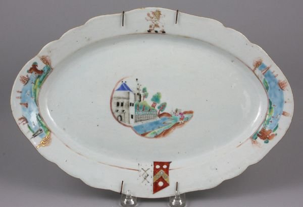 18th C. Chinese export porcelain oval armorial plate: 18th Century Chinese export porcelain oval armorial platter, 13" x 8 3/4", labeled on bottom 'belonged to the Duke of Balfour (1848-1930), investigator of the establishment of a national home for Jews