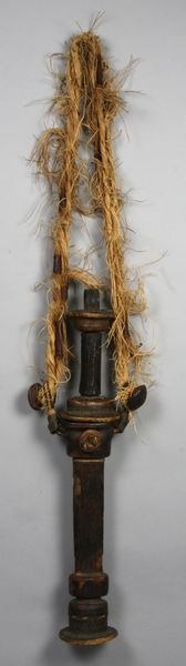 Antique African dagger with woven handle : Antique African dagger having woven handle and animal hide on pommel and hilt, 15 1/2".