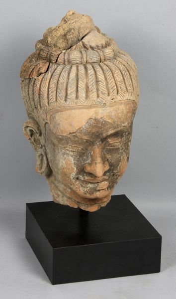 16th C. Thai figurehead of girl: 16th Century Thai figurehead of a young girl, 12 3/4" h. (on stand), 9 1/4" h. (head only), some old chips. Provenance: Robert O. Peterson Estate, San Diego, CA.