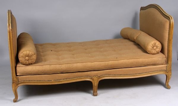 20th C. French provincial-style day bed: 20th Century French provincial-style day bed, 70" x 39 1/2" x 39 1/2". Old upholstery. Provenance: descendants of Francis B. Crowninshield, Marblehead.