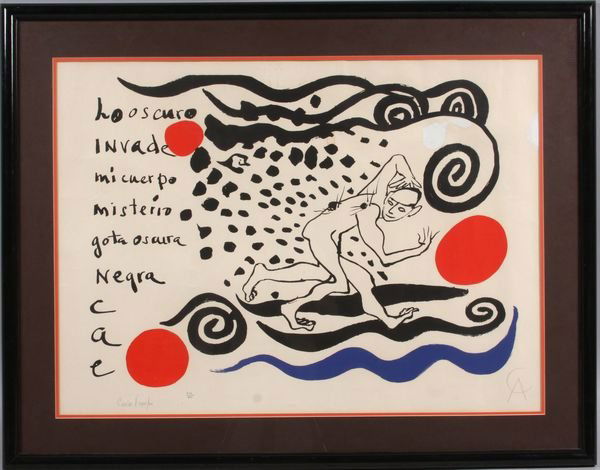 Signed Alexander Calder lithograph: Early Alexander Calder (1898-1976) lithograph, 28" x 38", 36" x 46" framed, numbered 212/500, signed in pencil. Slightly yellowed.