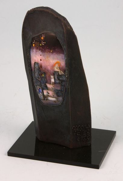 Woman w/cats, enamel on copper: Collette (b. California, 20th Century), Woman with cats, enamel on copper, 7" h., minor flake on enamel. Provenance: Robert O. Peterson Estate, San Diego, CA.