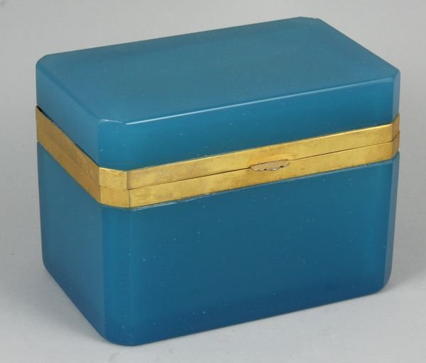 Blue opaline box: Blue opaline box, 3 5/8" h. x 5" w. x 3 1/4" d., good condition. Provenance: Robert O. Peterson Estate, San Diego, CA.