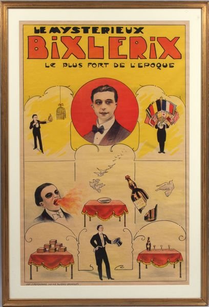 Le Mysterieux Bixlerix original poster: Le Mysterieux Bixlerix, original poster, 40 1/2" x 25 3/4" (sight), 46 1/4" x 31 1/2" framed, good condition. Provenance: Robert O. Peterson Estate, San Diego, CA.