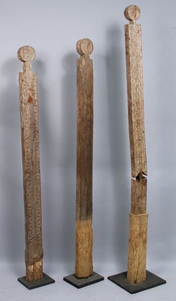 Three antique African carved wood masks: Group of three (3) antique African carved wood masks. Provenance: Robert O. Peterson Estate, San Diego, CA.