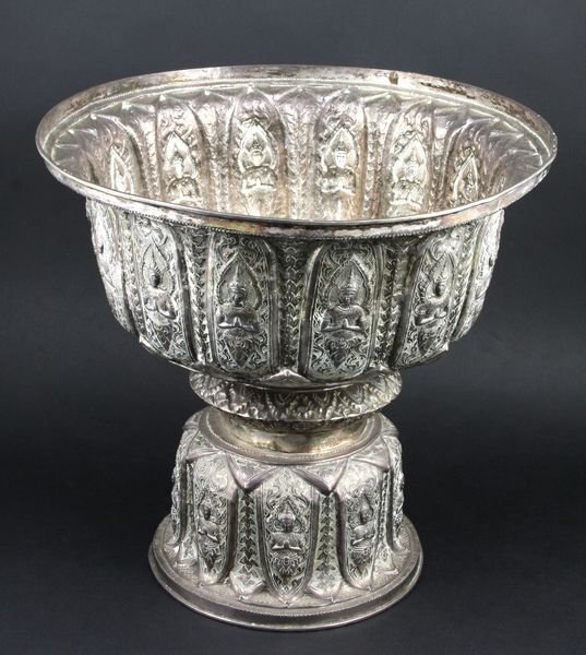 Late 20th C. Tibetan silver bowl: Late 20th Century Tibetan silver bowl, 11" x 11 1/2". Property of the late Robert O. Peterson, San Diego, CA.