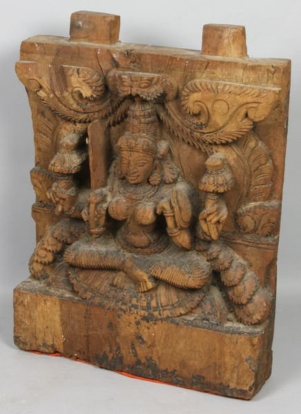 19th/20th C. Thai wood carving: 19th-early 20th Century Thai wood carving, 15" h. x 11 1/2" w., good condition. Provenance: Robert O. Peterson Estate, San Diego, CA.