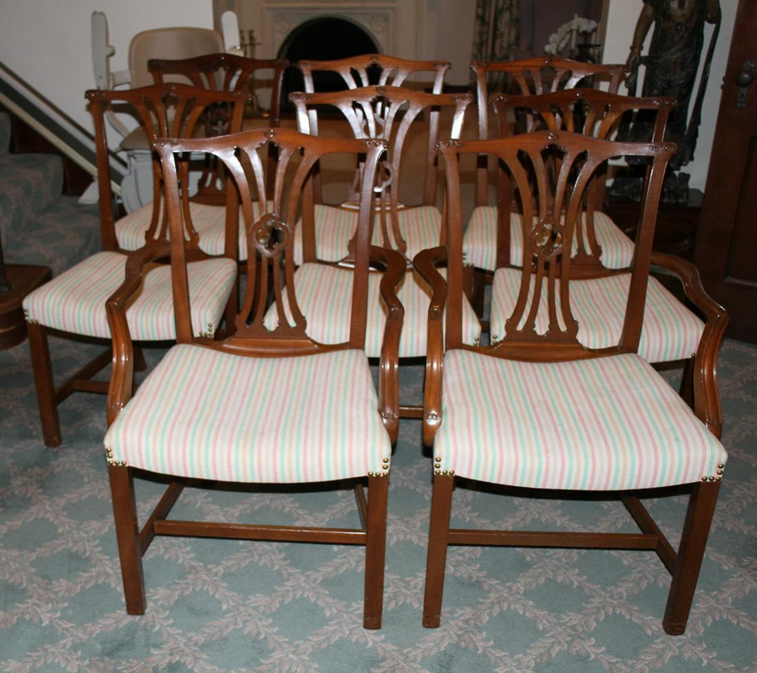 H. Sacks & Sons Inc. Mahogany Hepplewhite Style Dining: H. Sacks & Sons Inc. Hepplewhite-style mahogany dining chairs, six (6) side chairs and two (2) armchairs, upholstered seats, armchairs 36 1/2" H x 24 1/2" W x 20" D. Chairs Good condition, upholstery