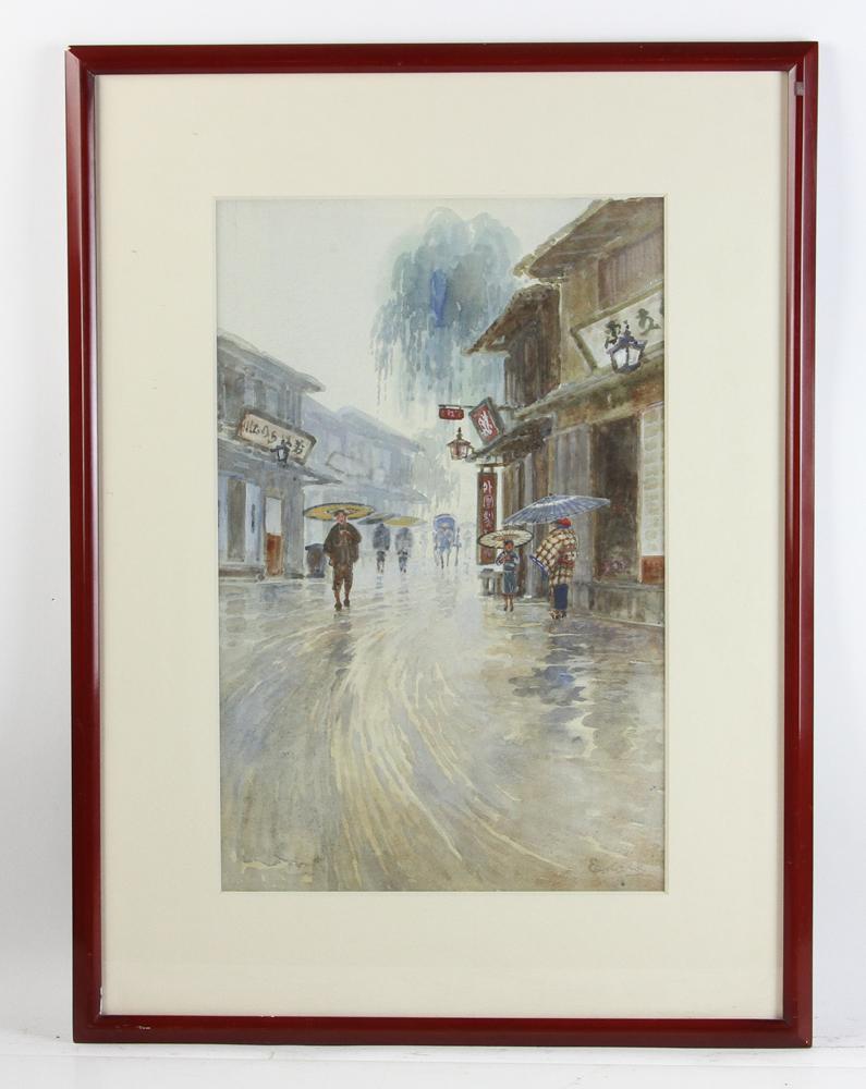 Japanese Watercolor, Street Scene: Japanese watercolor of street scene, Meiji period, signed Eakato, 19" x 12", framed 21" x 27". Provenance: Purchased from Skinner Auctioneers & Appraisers, Bolton, Massachusetts by the consignor.