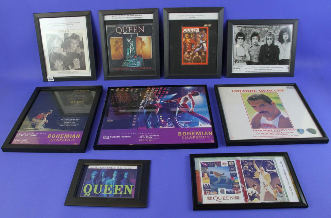ABBA and Queen Framed Records, etc.: Queen vintage framed 45 RPM records and postcards. Provenance: Estate of Jonathan Seiberg of Lynn, Massachusetts.