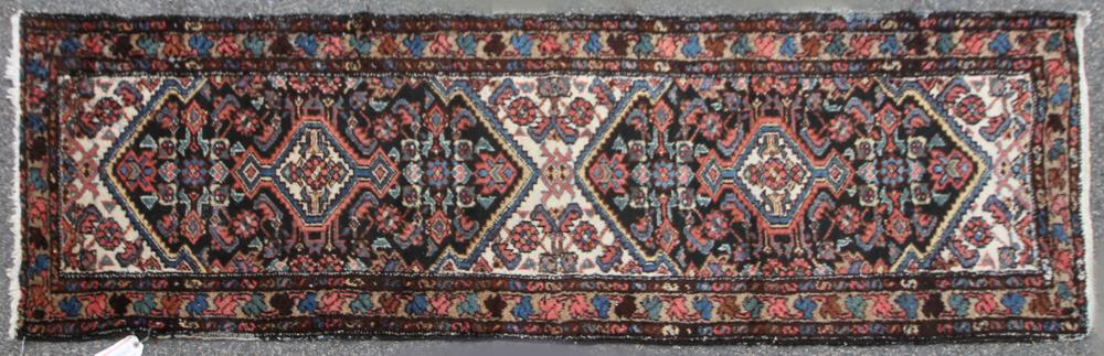Antique Persian Hamadan Rug: Antique Persian Hamadan rug. 6'11" x 2'3". Some fringe wear good pile. Provenance: Milton, Massachusetts.