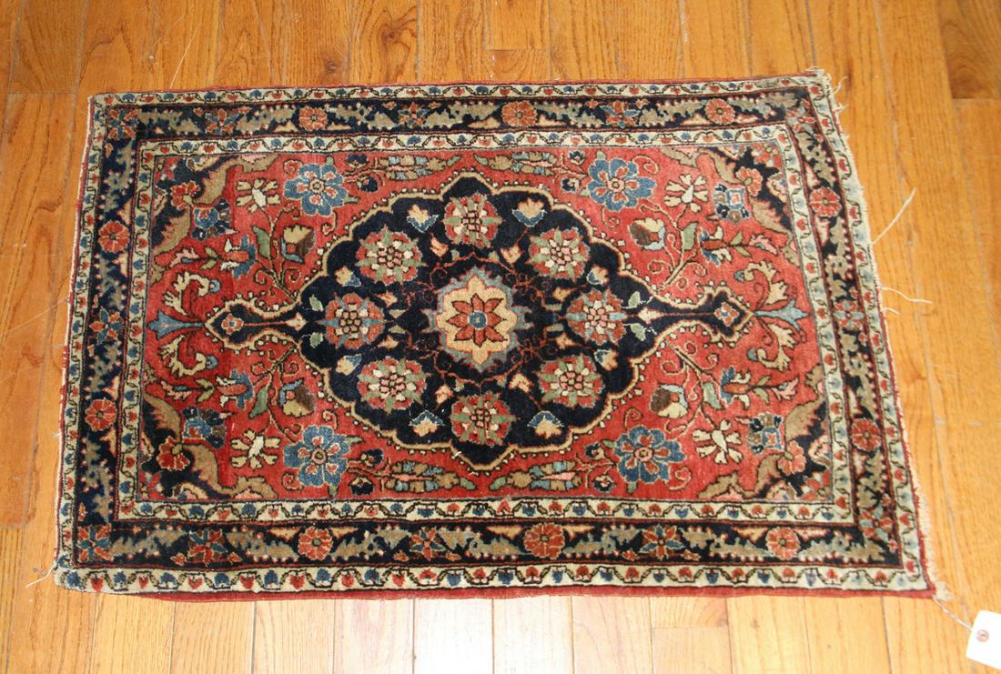 Antique Persian Sarouk Rug: Antique Persian Sarouk rug, 36" x 24". overall good condition with fringe missing. Provenance: Estate of Jonathan Seiberg of Lynn, Massachusetts.