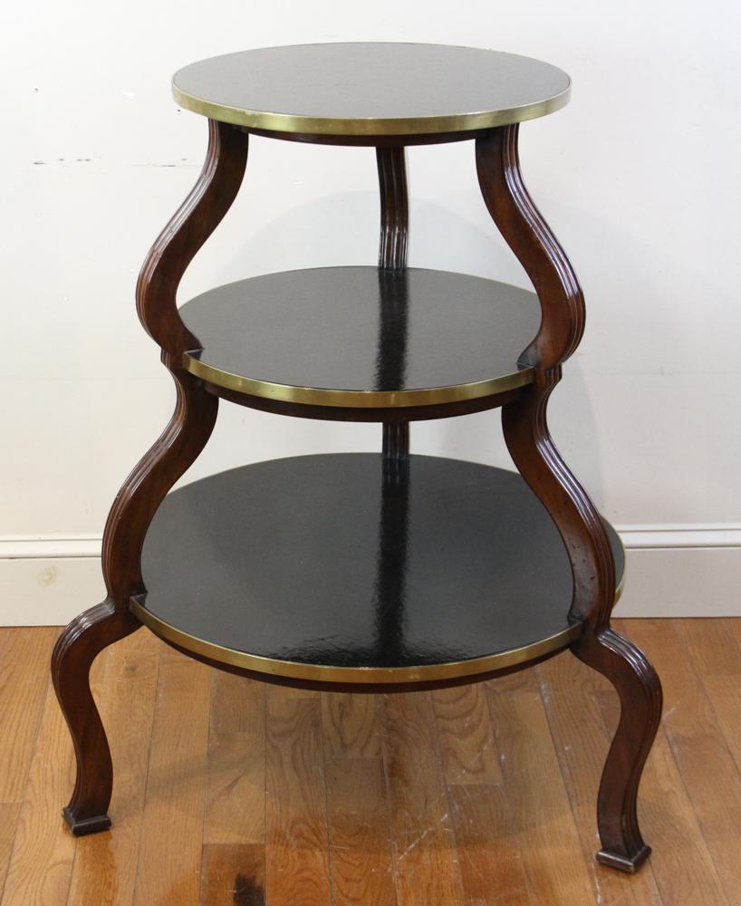 Regency Style Mahogany 3-Tier Serving Table: Regency-style mahogany three-tier serving table with brass edge, 39" x 31". Good condition.