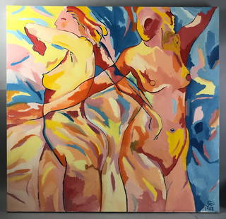 Chase Langford, Two Nude Women, Oil on Canvas: Chase Langford (contemporary artist, Los Angeles), two nude women, titled verso "Two Images of Her 1988", oil on canvas, signed and dated 1988 L/R, unframed 36" x 36". Provenance: From a Cathedral Cit