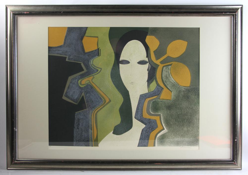 Andre Minaux Signed and Numbered Print: Portrait of a young woman, print, signed 'Minaux' and numbered in pencil, framed 29 1/2" x 41 1/2". Provenance: Lake Park, Florida estate.