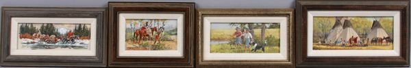 Ron Stewart (American, 1941-), set of four (4) wa: Ron Stewart (American, 1941-), group of four (4) watercolors to include boys fishing, wc/p, 2 3/4" x 6 1/8" (sight), 5 7/8" x 8 7/8" framed; on the hunt, wc/p, 2 3/4" x 4 1/2" (sight), 5 7/8" x 7 3/4"