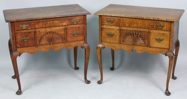 Pair of important Queen Anne tiger maple lowboys: Pair of important Queen Anne tiger maple lowboys labeled 'Made for Mary Brooks Hollis, Concord, N.H. by Harry P. Hammond, 205 North Main Street'.