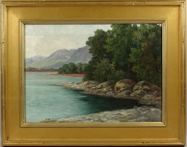 John Joseph Enneking (American, 1841-1916), mount: John Joseph Enneking (American, 1841-1916), mountain lake, o/c, 16 1/4" x 22 1/2", 23 1/2" x 29 1/2" in gilt frame, signed LR. Good condition.