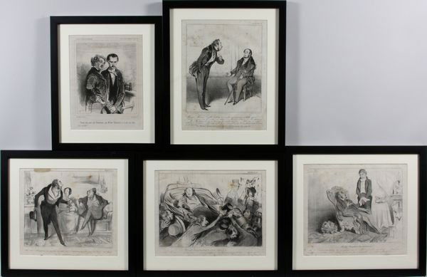 Honore Daumier (French, 1808-1879), five (5) lith: Honore Daumier (French, 1808-1879), five (5) lithographs of political and social satire, largest 9 1/2" x 12 1/4" sight, 14" x 16 1/2" framed and glazed. Good condition.
