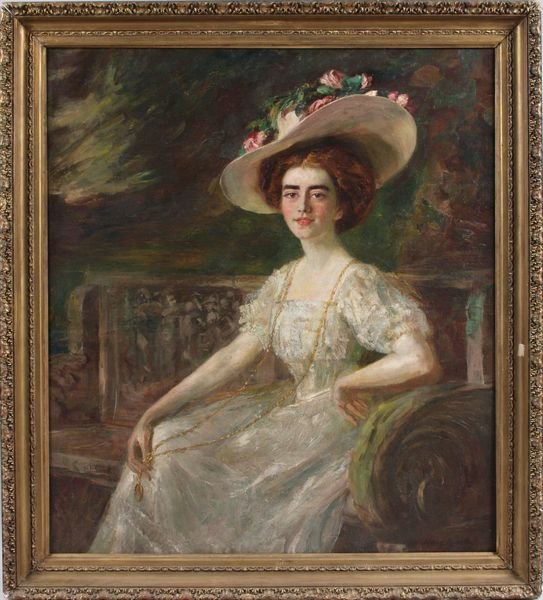 Irving Ramsey Wiles (American, 1861-1948), young : Irving Ramsey Wiles (American, 1861-1948), young woman on garden bench, o/c, 45" x 39 1/2", 51" x 46" framed, signed.