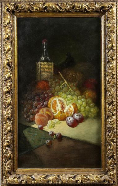 George William Whitaker (American, 1840-1916), st: George William Whitaker (American, 1840-1916), still life with fruit, o/c, 31 3/4" x 17 3/4", 38 1/4" x 24 1/2" framed, signed. One (1) patch to painting.